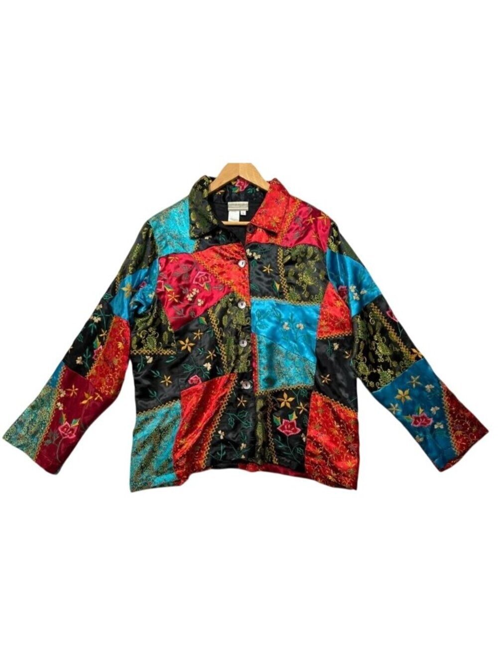 Coldwater Creek Satin Patchwork Jacket Asian Floral Art to Wear Top Womens L Vtg